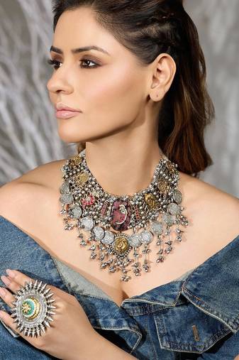 Gold plated kundan multicolor necklace