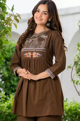 Brown embroidered  cotton tunic & trousers co-ord set
