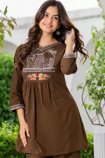 Brown embroidered  cotton tunic & trousers co-ord set