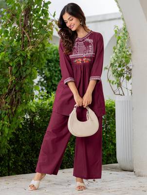 Maroon embroidered  cotton tunic & trousers co-ord set 1
