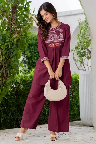 Maroon embroidered pure cotton tunic & trousers co-ord set