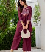Maroon embroidered pure cotton tunic & trousers co-ord set