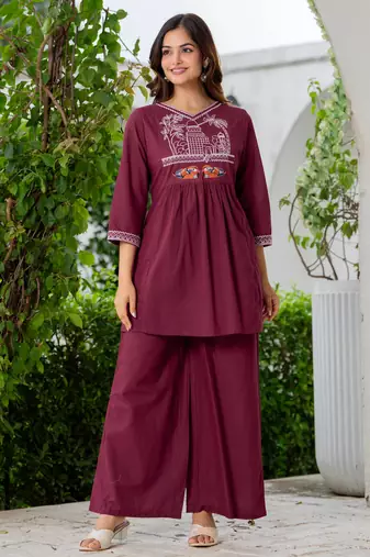 Maroon embroidered  cotton tunic & trousers co-ord set