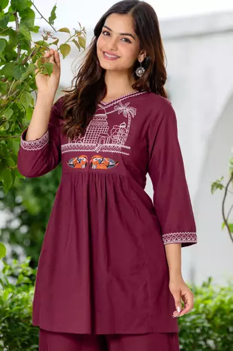 Maroon embroidered  cotton tunic & trousers co-ord set