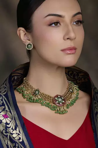 Gold plated kundan green stone necklace set