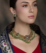 Gold plated kundan green stone necklace set