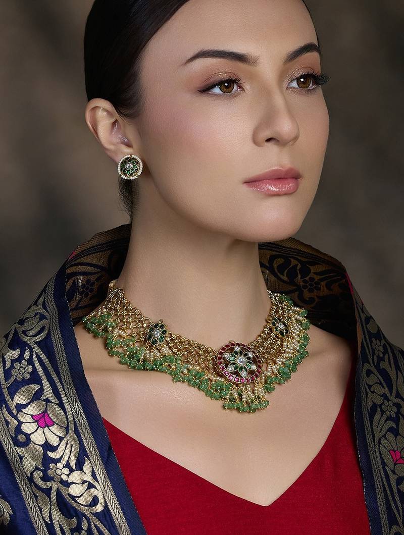 Gold plated kundan green stone necklace set