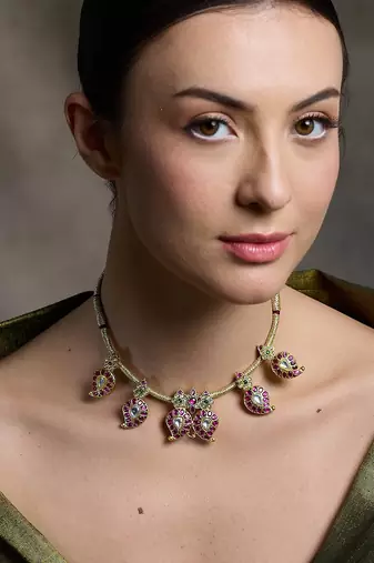 Gold plated kundan pink stone necklace