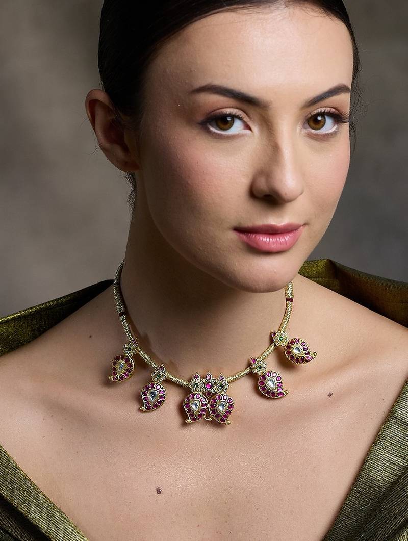 Gold plated kundan pink stone necklace