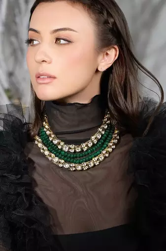 Gold plated kundan green stone necklace