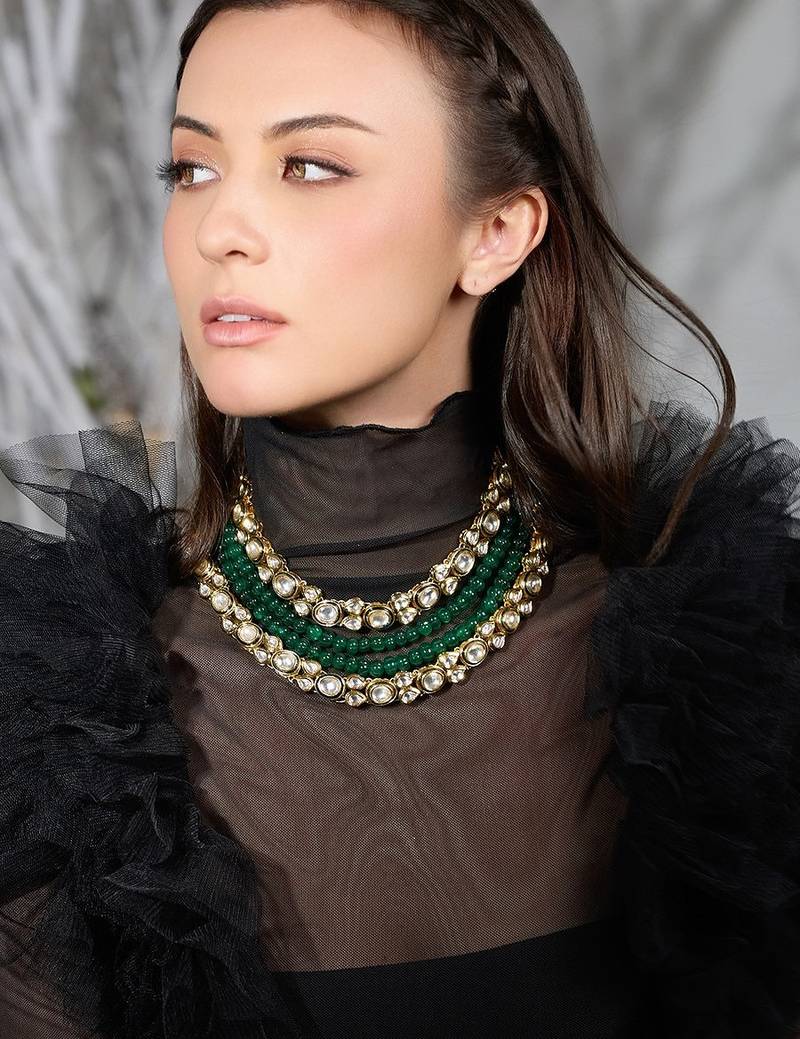 Gold plated kundan green stone necklace