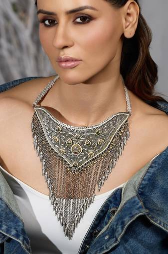 Silver plated oxidized necklace