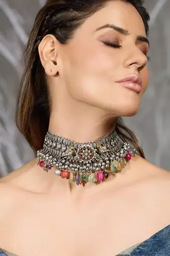 Silver plated oxidized necklace