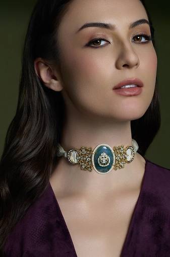 Gold plated blue stone  kundan Choker