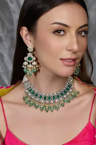 Gold plated kundan green stone necklace set