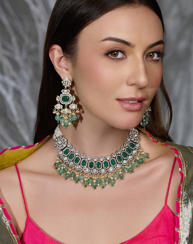Gold plated kundan green stone necklace set