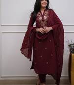 Maroon  women ethnic motifs embroidered cotton kurta with trousers & dupatta