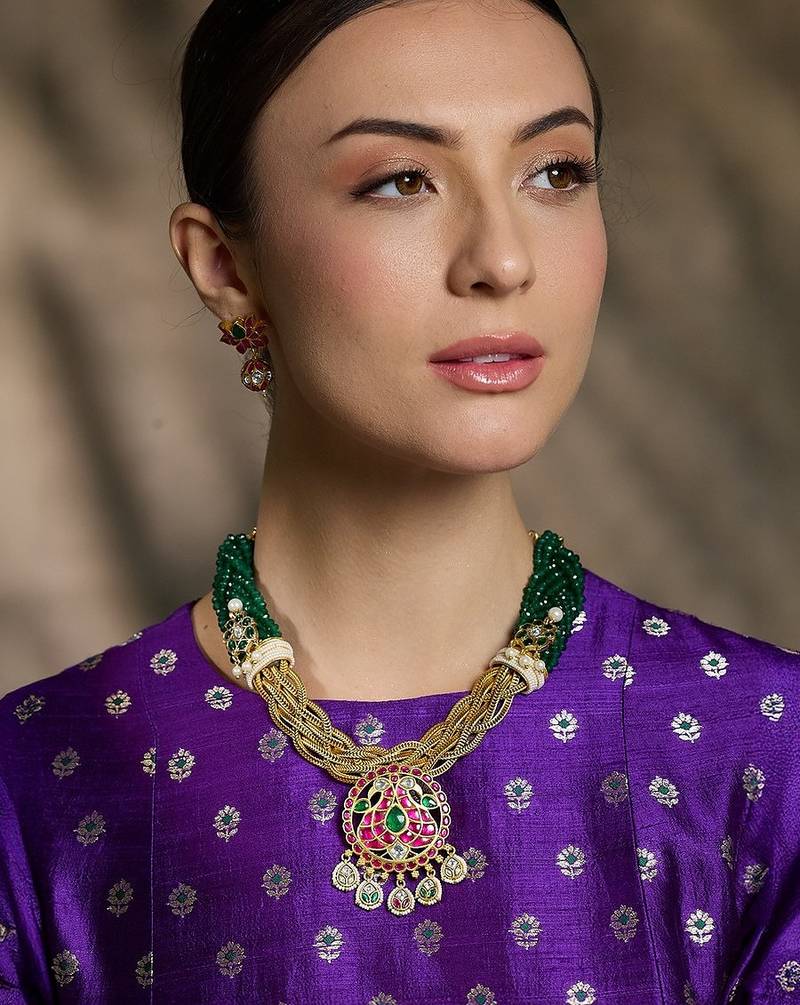 Gold plated kundan multicolor necklace