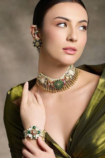 Gold plated kundan multicolor necklace