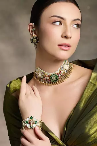 Gold plated kundan multicolor necklace