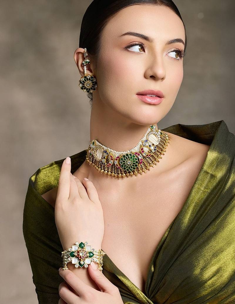 Gold plated kundan multicolor necklace