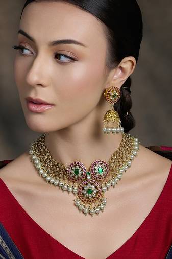 Gold plated kundan multicolor necklace
