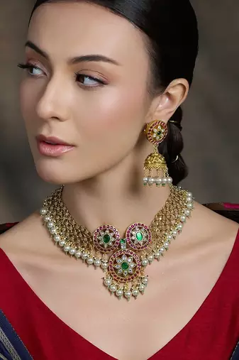Gold plated kundan multicolor necklace