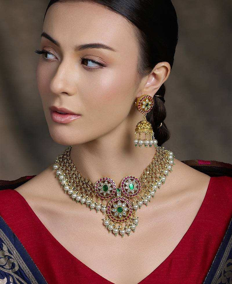 Gold plated kundan multicolor necklace