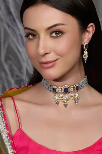 Gold plated kundan blue stone necklace set