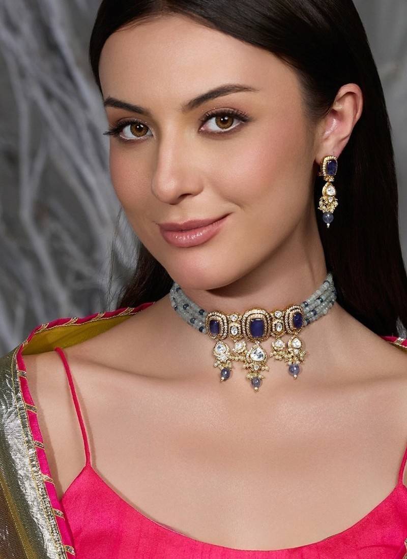 Gold plated kundan blue stone necklace set