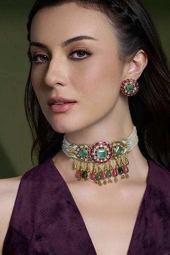 Gold plated kundan multicolor necklace set