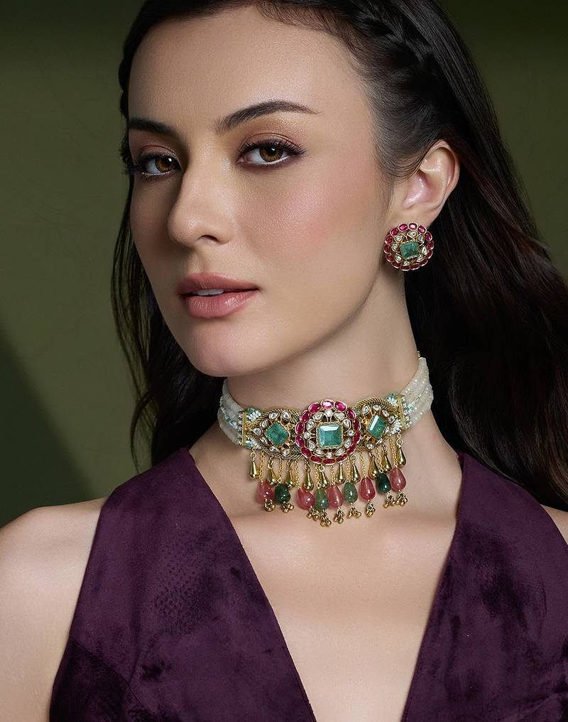 Gold plated kundan multicolor necklace set