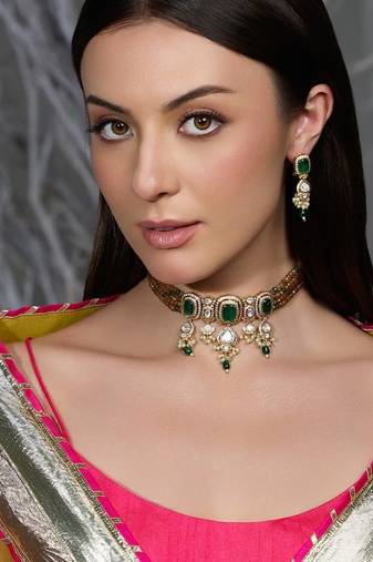 Gold plated green stone kundan choker necklace set