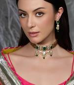 Gold plated green stone kundan choker necklace set