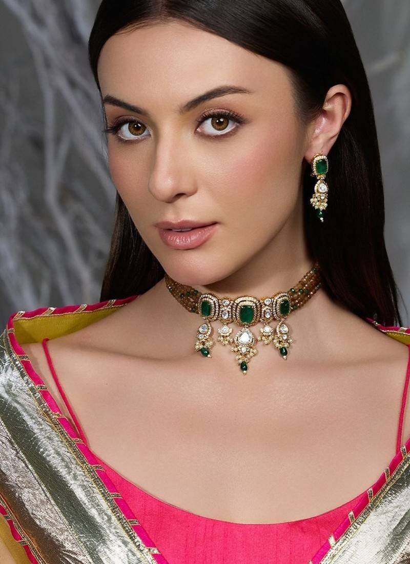 Gold plated green stone kundan choker necklace set