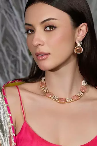 Gold plated kundan pink stone necklace set