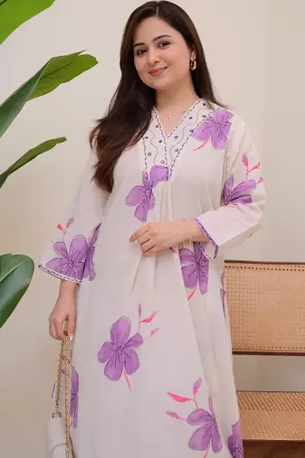 White  women embroidery reyon anarkali kurti withtrouser