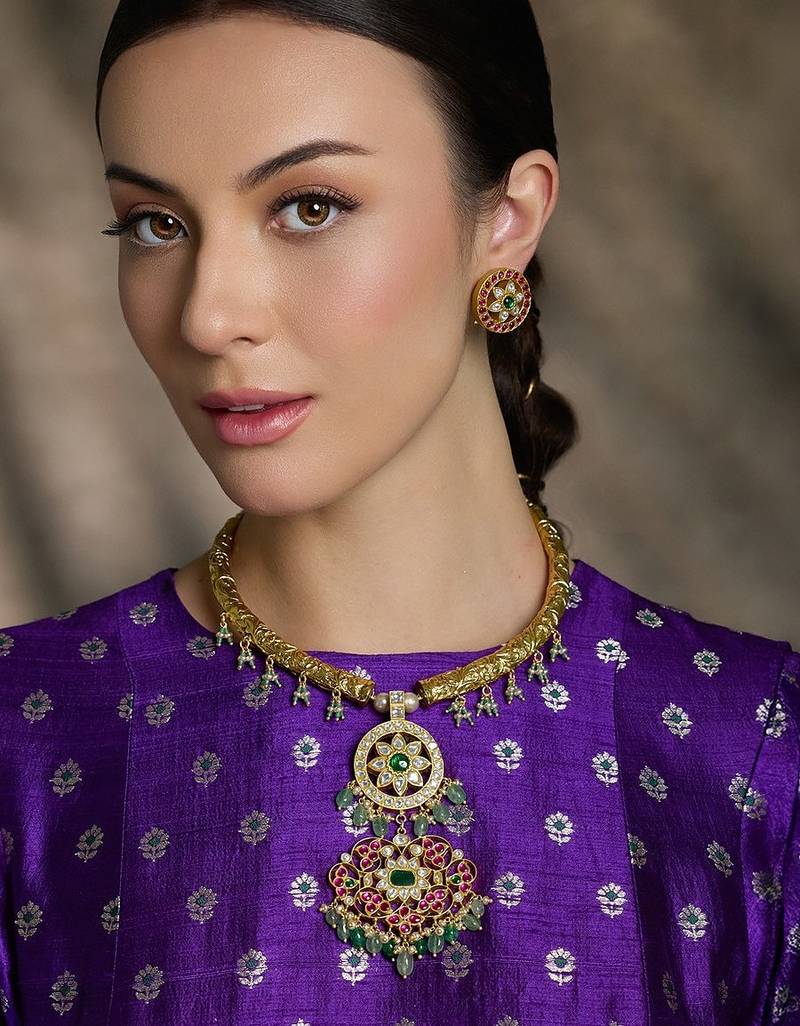 Gold plated kundan multicolor necklace set