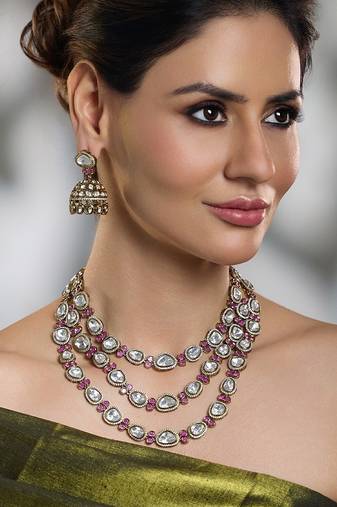 Gold plated kundan red stone necklace set