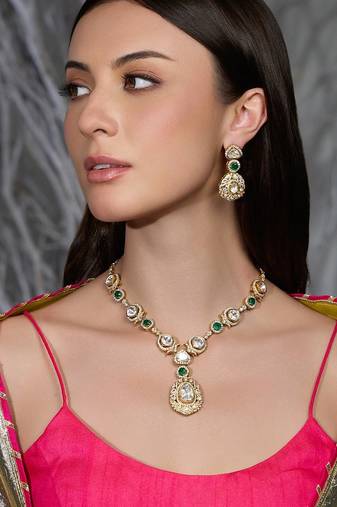 Gold plated kundan green stone necklace set