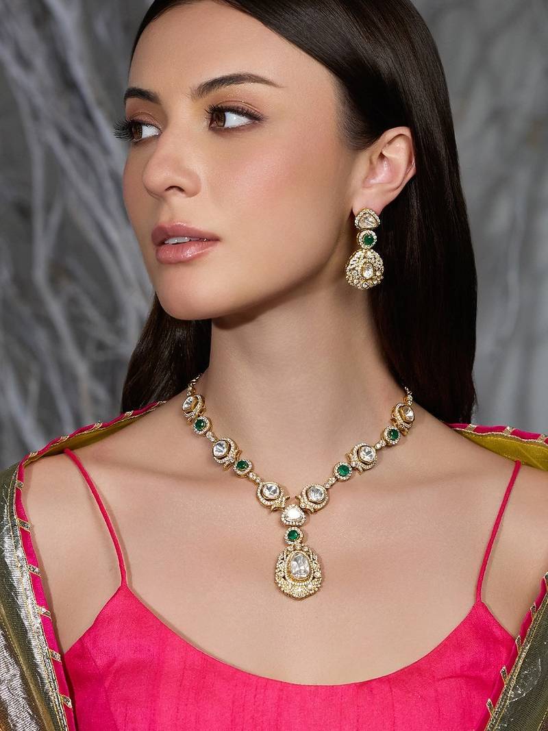 Gold plated kundan green stone necklace set