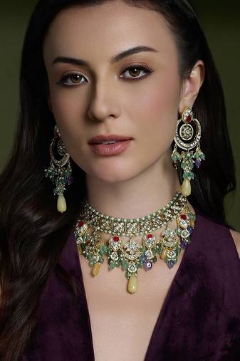 Gold plated kundan multicolor necklace set