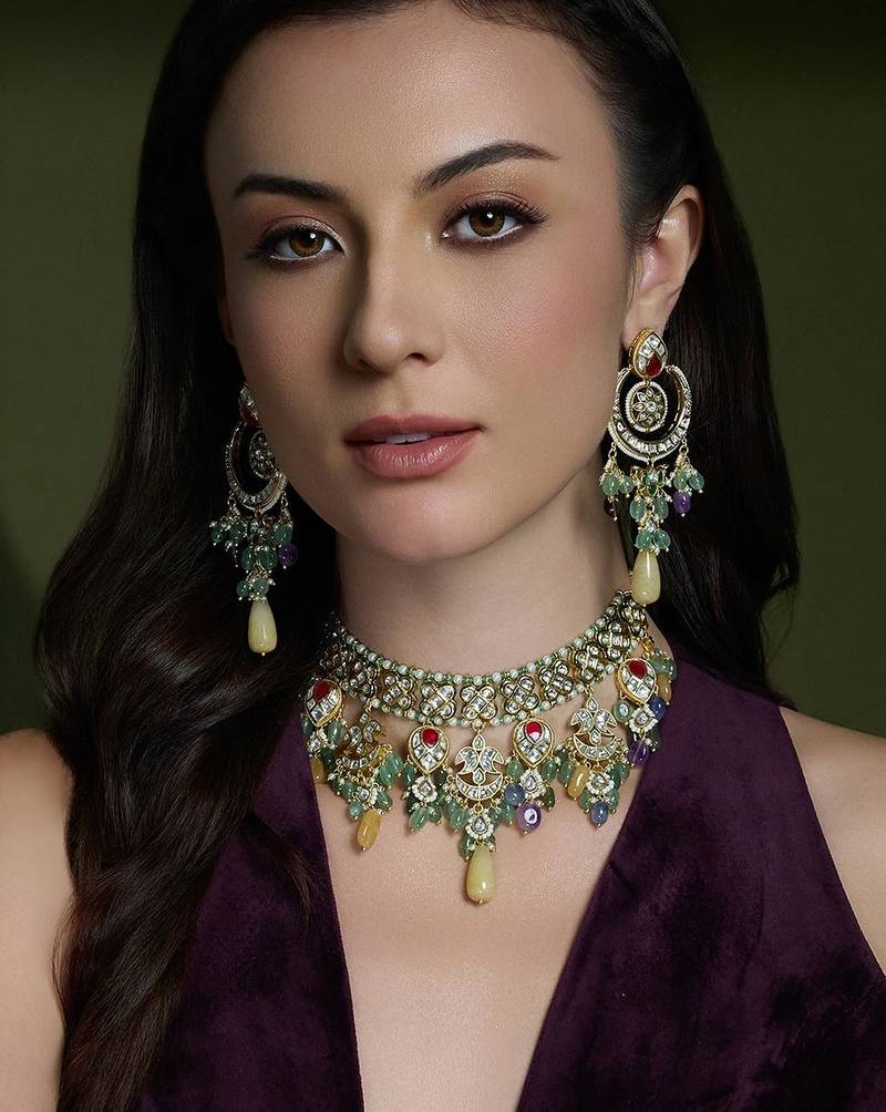 Gold plated kundan multicolor necklace set