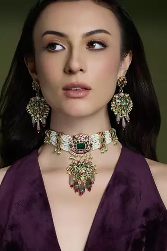 Gold plated kundan multicolor necklace set