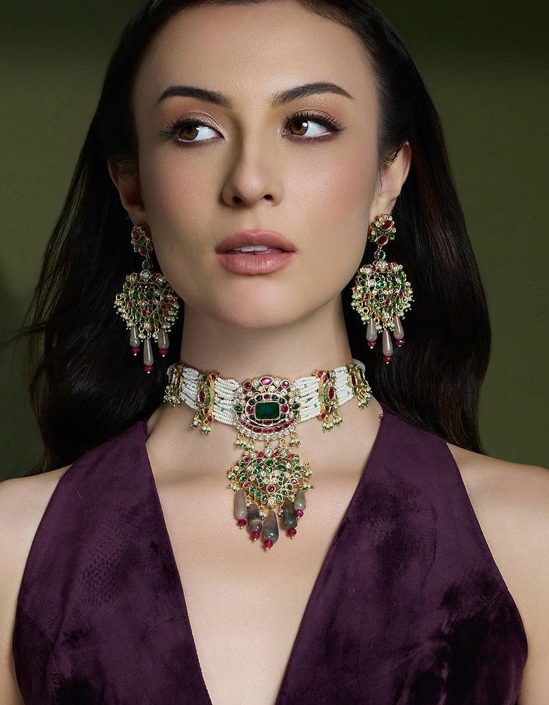 Gold plated kundan multicolor necklace set