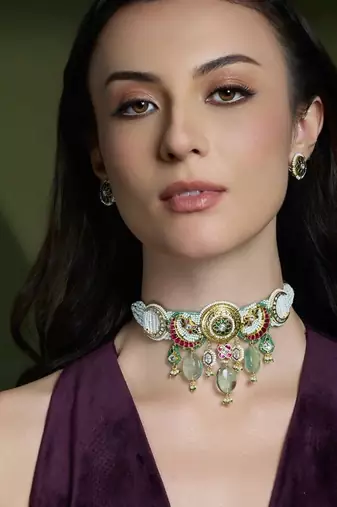 Gold plated kundan multicolor necklace set