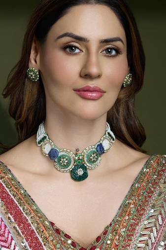 Gold plated kundan green stone necklace set
