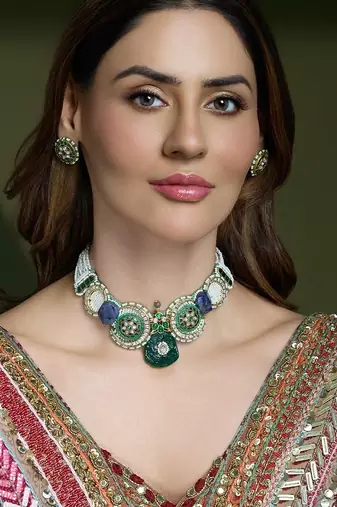 Gold plated kundan green stone necklace set