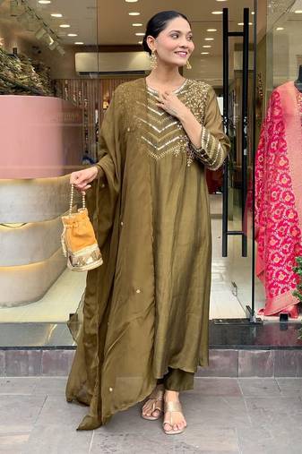 Green aaysa yoke design embroidery chanderi silk a-line kurta with trousers & dupatta