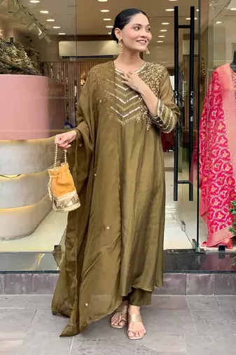 Green aaysa yoke design embroidery chanderi silk a-line kurta with trousers & dupatta